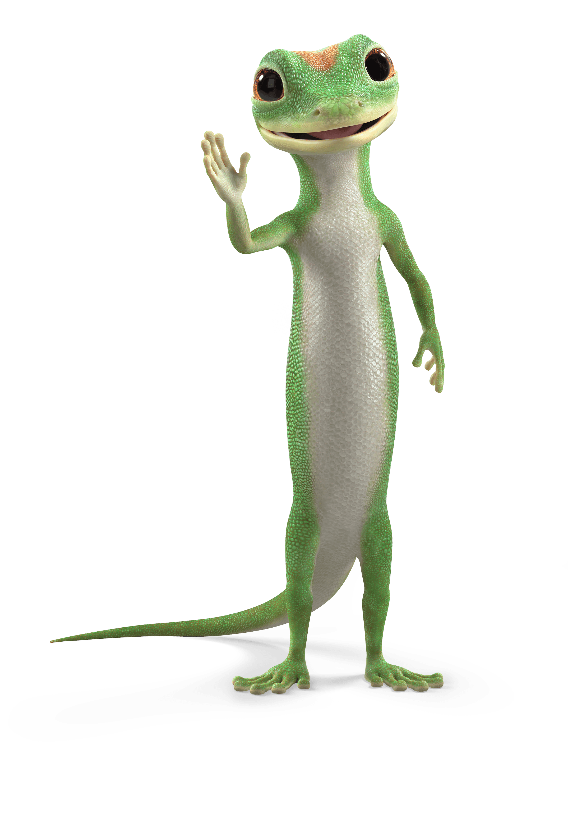 GEICO gecko mascot standing and waving
