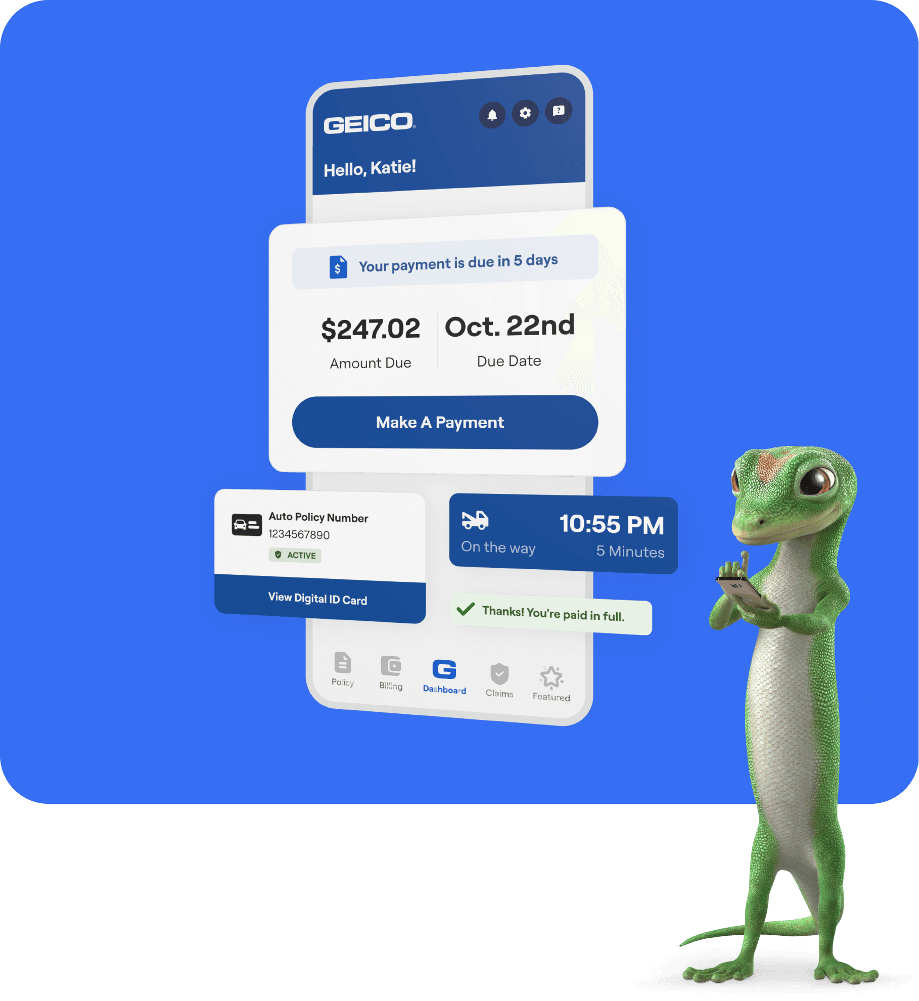 gecko holding phone with screenshots