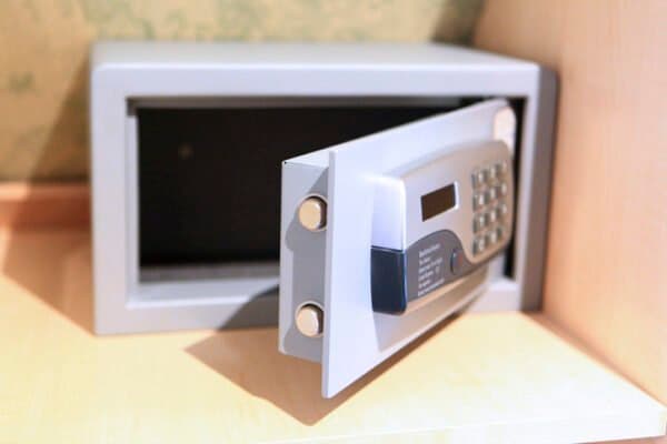Small home safe with the door open.