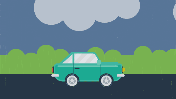Depiction of cartoon car driving down the street in light rain.